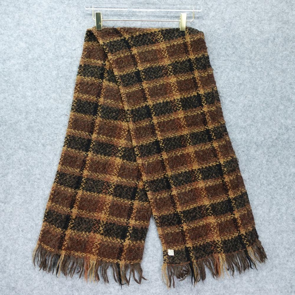 Irish Wool Plaid Scarf Fringe Brown Cozy Wrap Shawl Tartan Chunky Winter 11x58